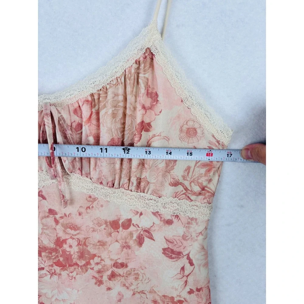 Pink Rose L Floral Maxi Slip Dress Pink Lace Trim Y2K Coquette Cottagecore